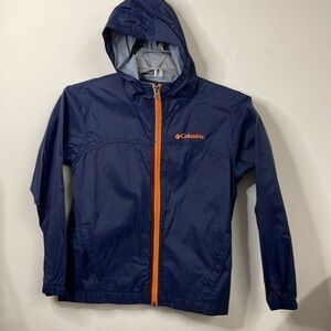 COLUMBIA Boy’s Navy Blue Orange Windbreaker Coat Jacket Full Zip Hood Nylon S